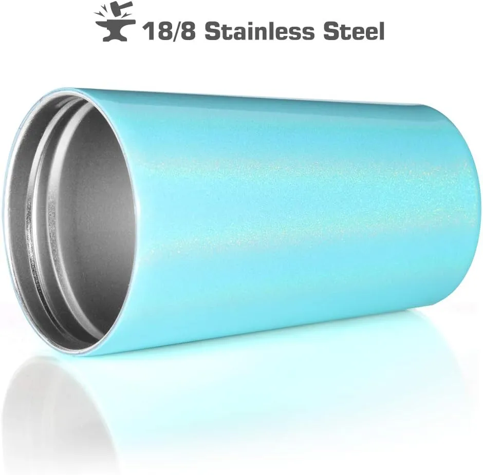 Snack tumbler with lid and straw, stainless steel insulated 2-in-1 travel coffee mug, water bottle with snack cup (Glitter Aqua, 16 OZ)