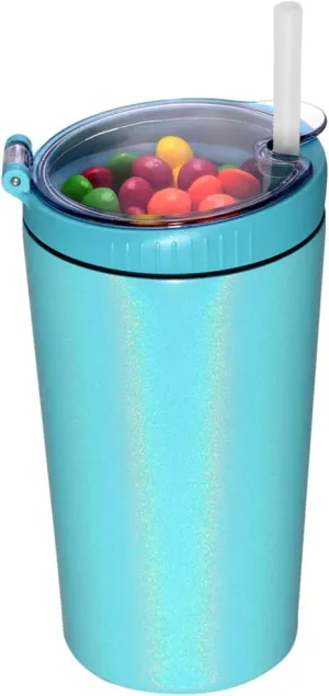 Snack tumbler with lid and straw, stainless steel insulated 2-in-1 travel coffee mug, water bottle with snack cup (Glitter Aqua, 16 OZ)