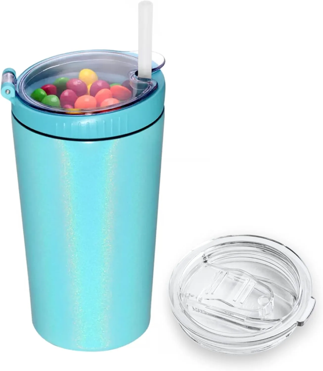 Snack tumbler with lid and straw, stainless steel insulated 2-in-1 travel coffee mug, water bottle with snack cup (Glitter Aqua, 16 OZ)