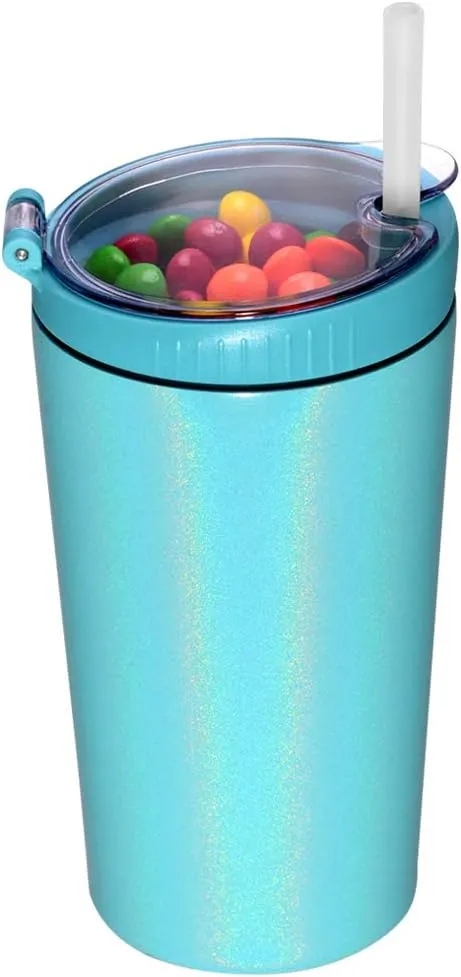 Snack tumbler with lid and straw, stainless steel insulated 2-in-1 travel coffee mug, water bottle with snack cup (Glitter Aqua, 16 OZ)