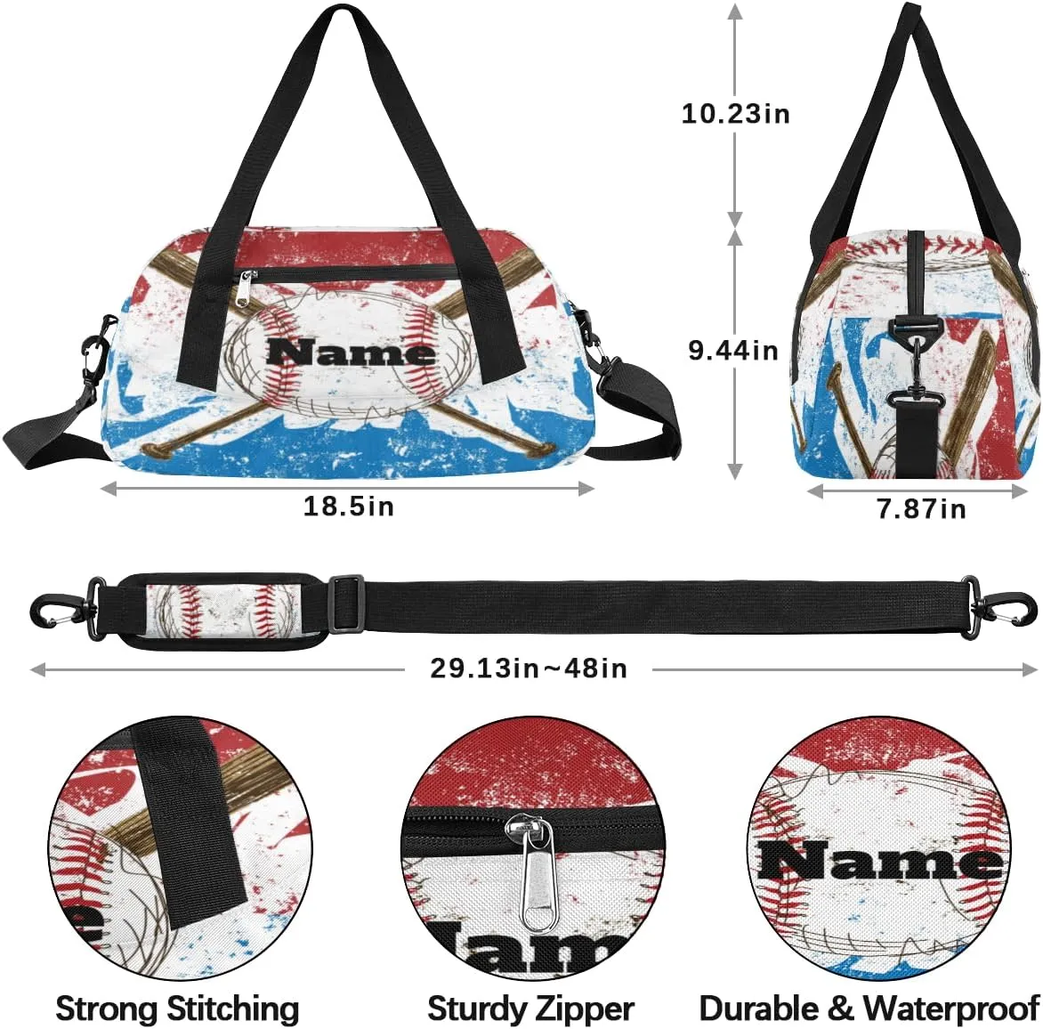 Sports Baseball Flag Background Custom Name Kids Duffel Bags Personalized Customized Sports Gym Bag Girls Dance Bag Tote Overnight Weekender Sleepover Carry On Travel Bag for Boys Girls
