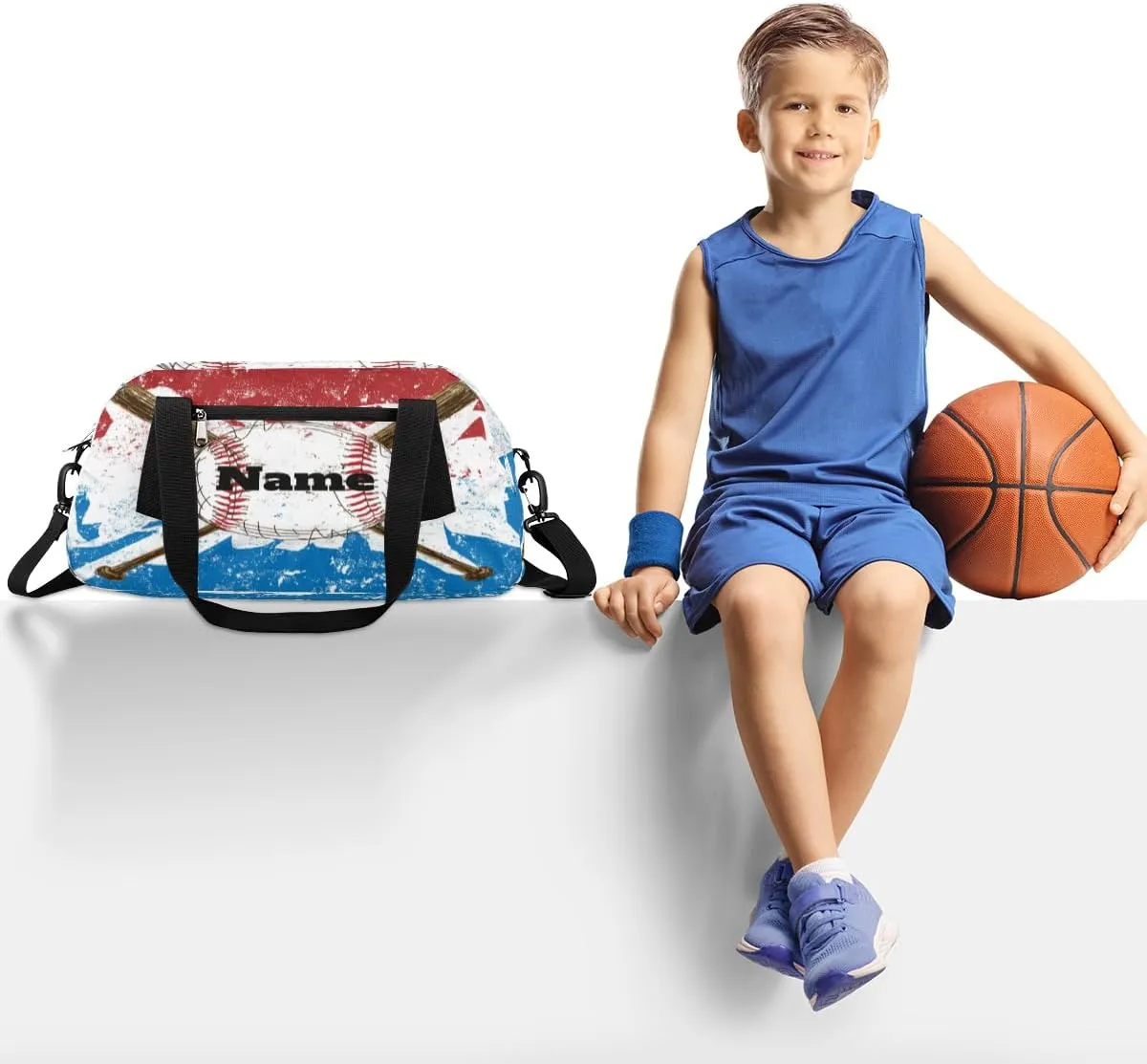 Sports Baseball Flag Background Custom Name Kids Duffel Bags Personalized Customized Sports Gym Bag Girls Dance Bag Tote Overnight Weekender Sleepover Carry On Travel Bag for Boys Girls