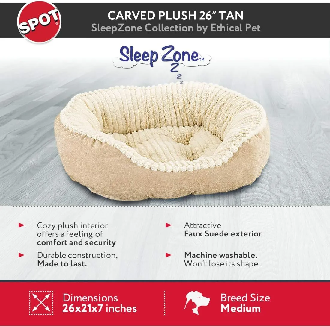SPOT Sleep Zone Faux Suede Carved Plush Lounger, Cuddler, Napper Dog Bed - Fabric Bottom - 26X21 Inches/Tan/Attractive, Durable, Comfortable, Washable. by Ethical Pets