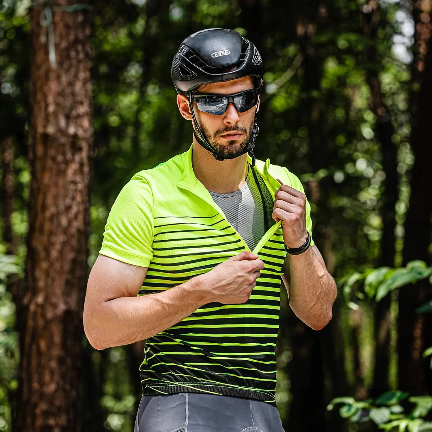 Spotti Men's Cycling Bike Jersey Short Sleeve with 3 Rear Pockets- Moisture Wicking, Breathable, Quick Dry Biking Shirt