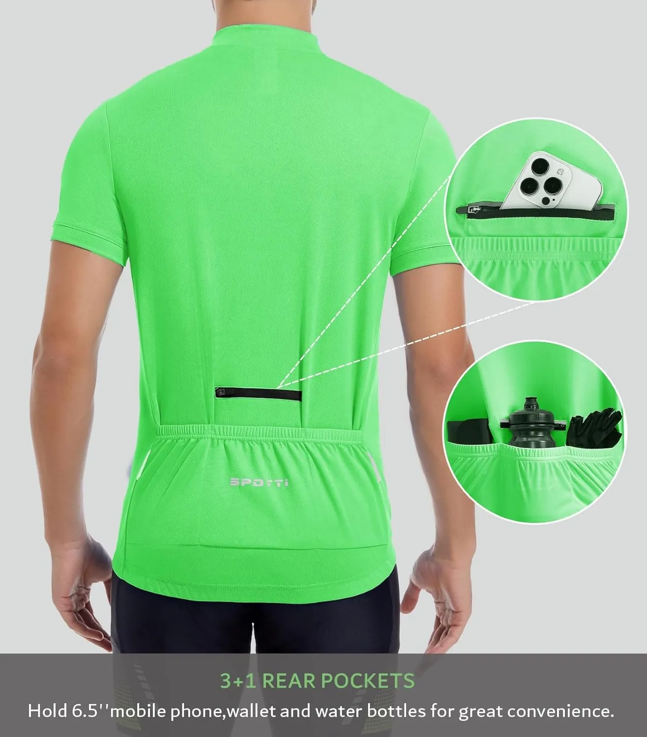 Spotti Men's Cycling Bike Jersey Short Sleeve with 3 Rear Pockets- Moisture Wicking, Breathable, Quick Dry Biking Shirt