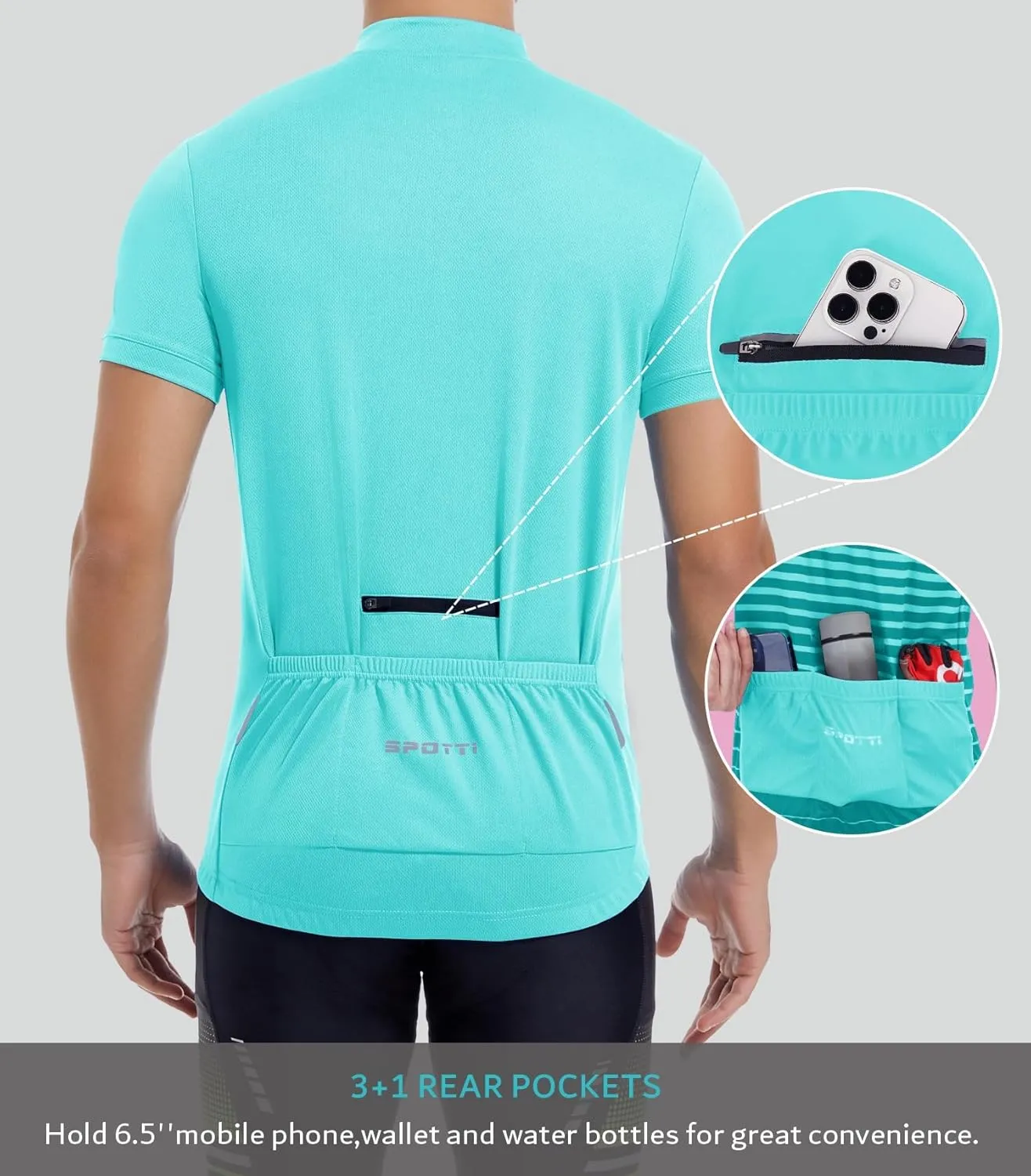 Spotti Men's Cycling Bike Jersey Short Sleeve with 3 Rear Pockets- Moisture Wicking, Breathable, Quick Dry Biking Shirt