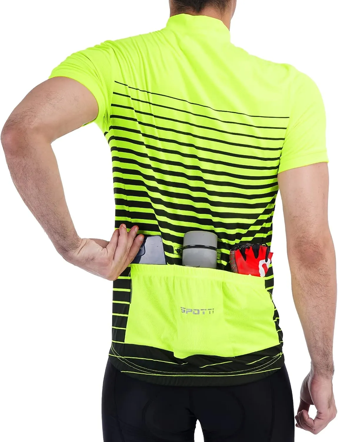 Spotti Men's Cycling Bike Jersey Short Sleeve with 3 Rear Pockets- Moisture Wicking, Breathable, Quick Dry Biking Shirt