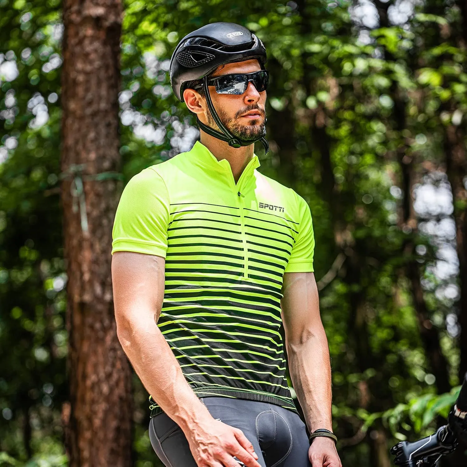 Spotti Men's Cycling Bike Jersey Short Sleeve with 3 Rear Pockets- Moisture Wicking, Breathable, Quick Dry Biking Shirt