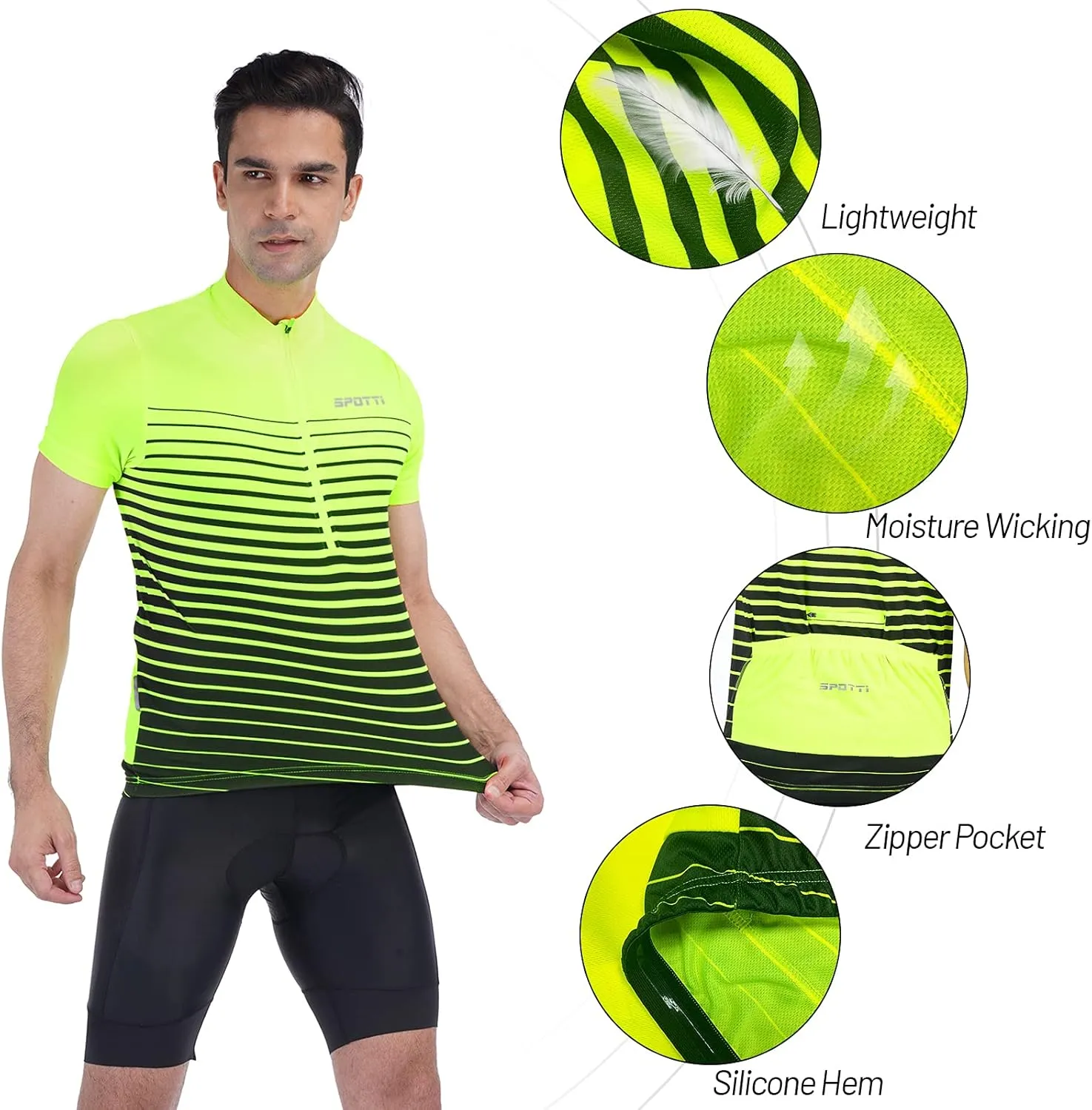 Spotti Men's Cycling Bike Jersey Short Sleeve with 3 Rear Pockets- Moisture Wicking, Breathable, Quick Dry Biking Shirt