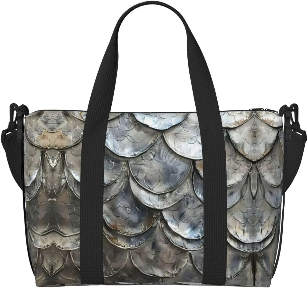 SSIMOO Silver Fish Scale Print Portable Travel Duffel Bag,Ideal For Business And Private Travel, Black