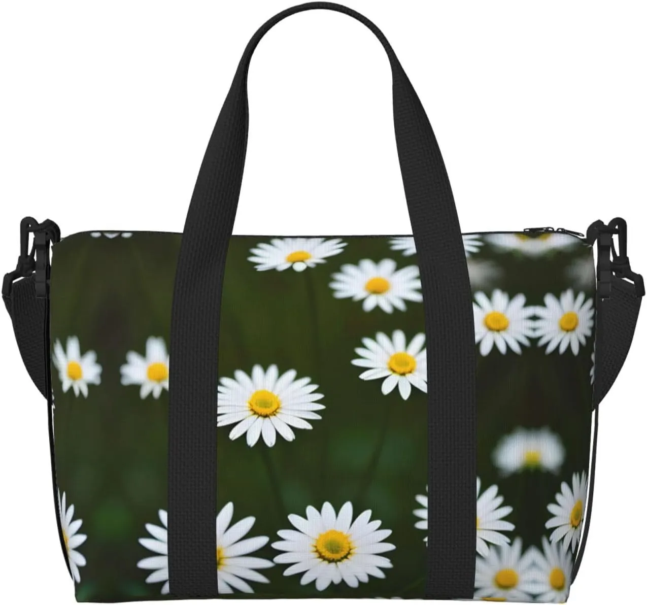 SSIMOO Wild White Daisy Flower Print Portable Travel Duffel Bag,Ideal For Business And Private Travel, Black