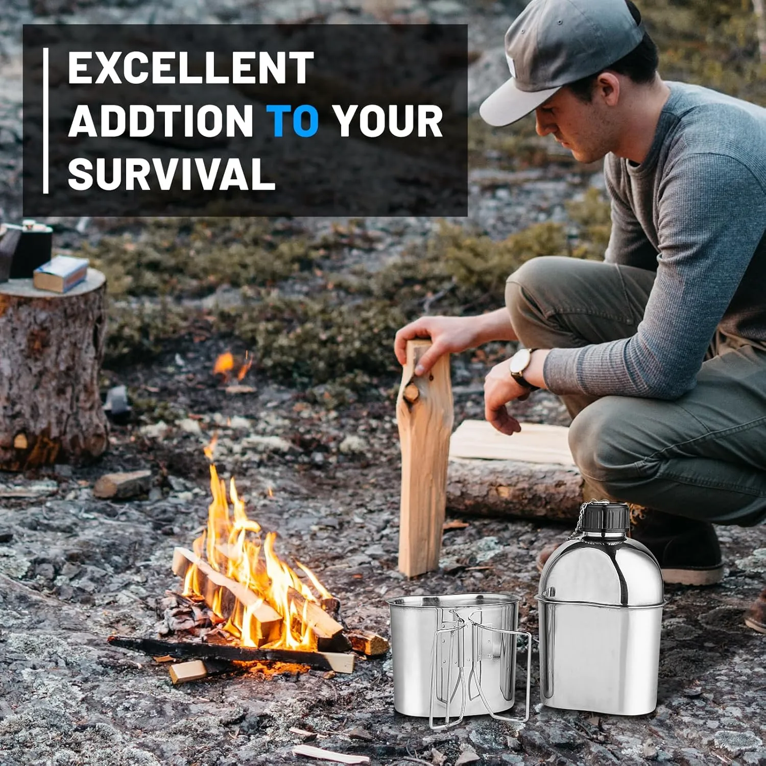 Stainless Steel Military Canteen 1.2QT Portable Army Water Bottle with 0.6QT Cup & Sleeves for Camping Hiking Climbing and Most Outdoor Activities
