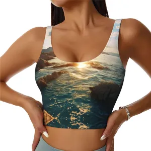 Stones Blue Sea Ocean Sunrise Mountain Print Sports Bras for Women,Workout Tops with Built-in Bra,for High Impact Activities