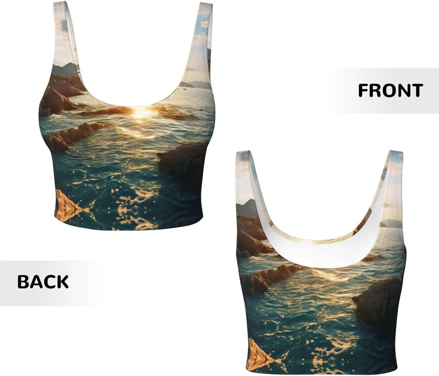 Stones Blue Sea Ocean Sunrise Mountain Print Sports Bras for Women,Workout Tops with Built-in Bra,for High Impact Activities