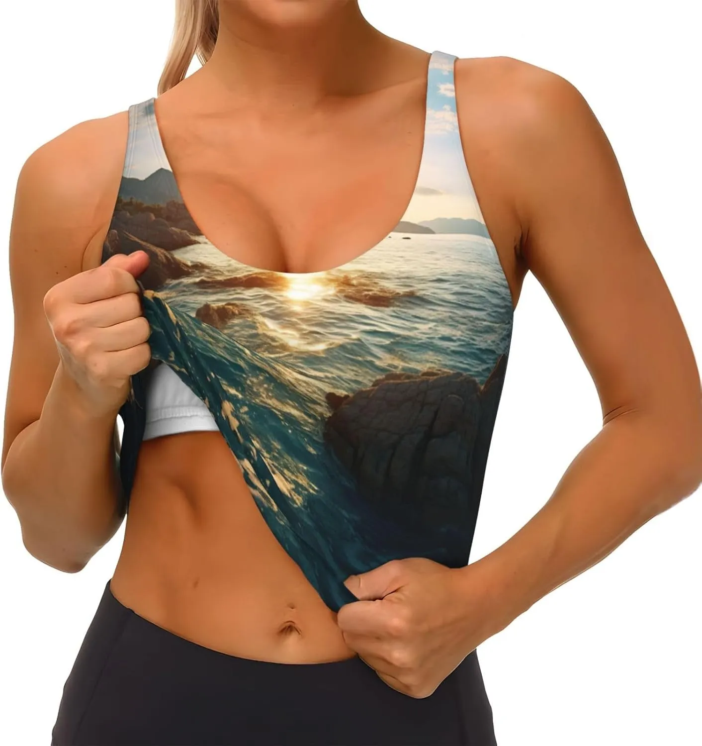 Stones Blue Sea Ocean Sunrise Mountain Print Sports Bras for Women,Workout Tops with Built-in Bra,for High Impact Activities