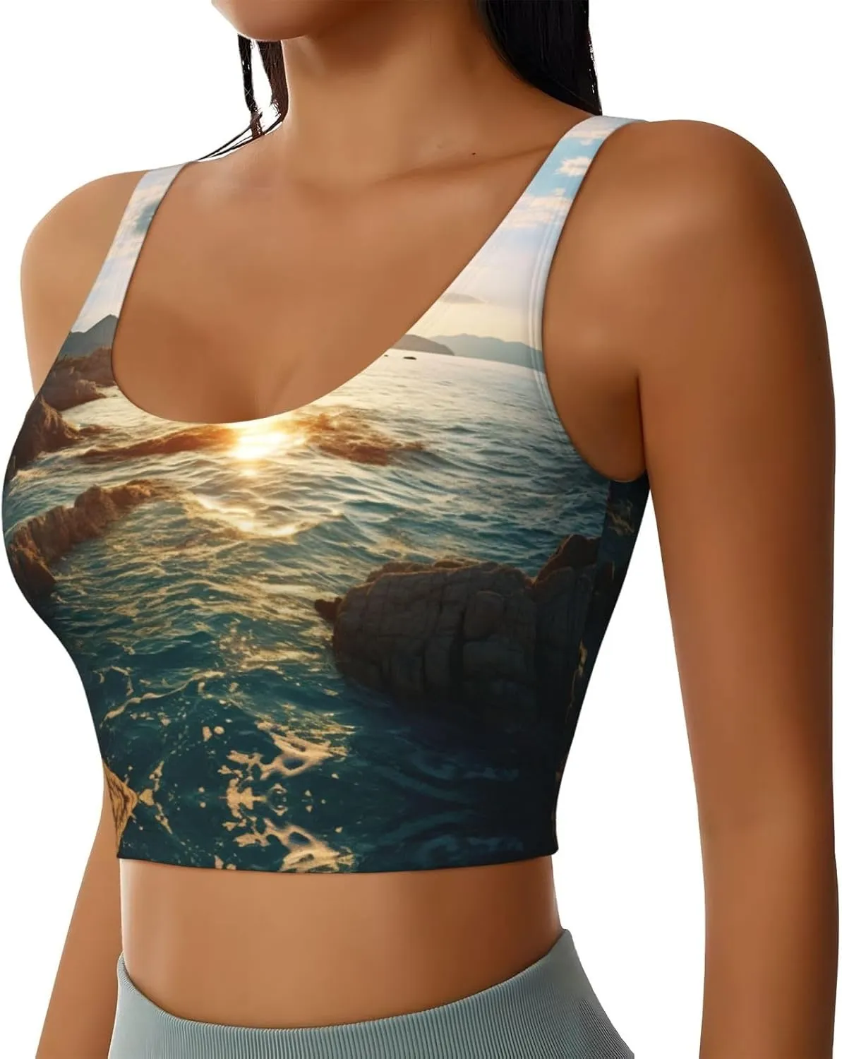Stones Blue Sea Ocean Sunrise Mountain Print Sports Bras for Women,Workout Tops with Built-in Bra,for High Impact Activities