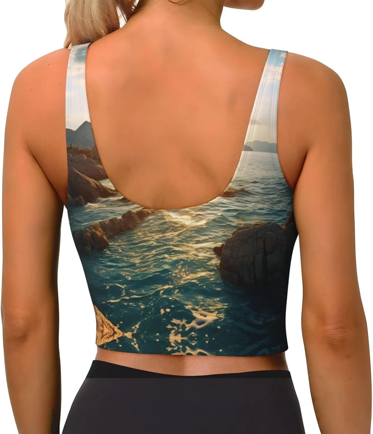 Stones Blue Sea Ocean Sunrise Mountain Print Sports Bras for Women,Workout Tops with Built-in Bra,for High Impact Activities