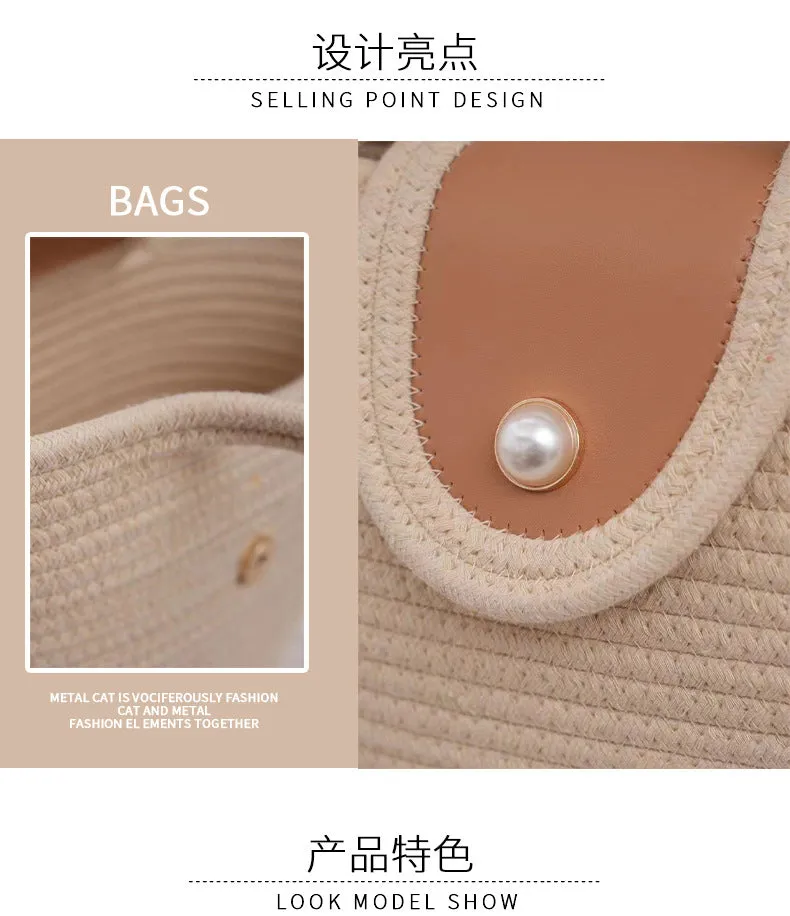 STOREXQ New Woven Tote Handbag Strap Simple Large Capacity Underarm Bag Cotton Handmade Shoulder Beach Bag Bucket Bag