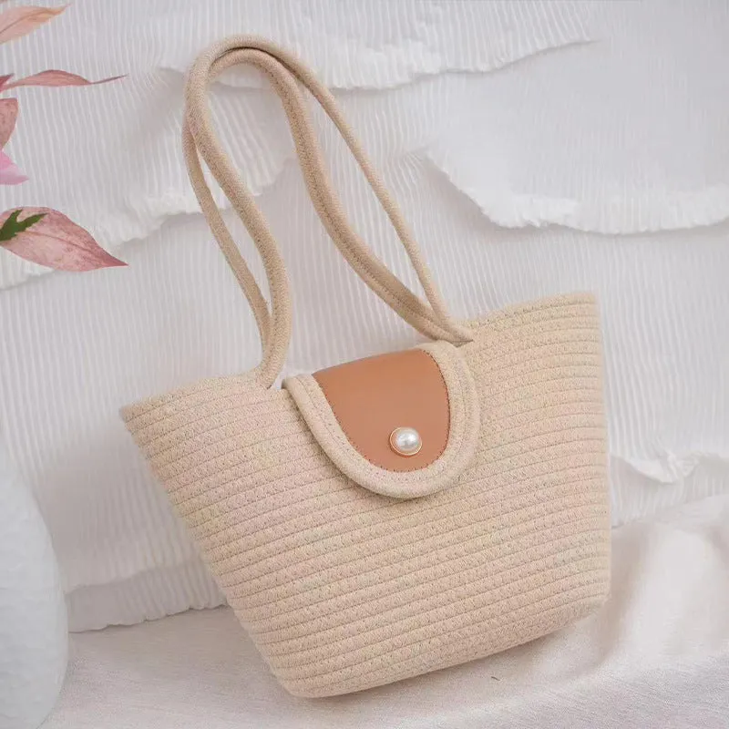 STOREXQ New Woven Tote Handbag Strap Simple Large Capacity Underarm Bag Cotton Handmade Shoulder Beach Bag Bucket Bag