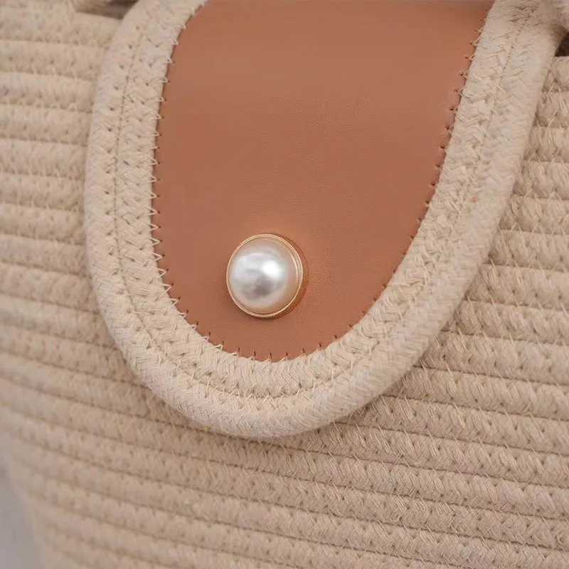 STOREXQ New Woven Tote Handbag Strap Simple Large Capacity Underarm Bag Cotton Handmade Shoulder Beach Bag Bucket Bag