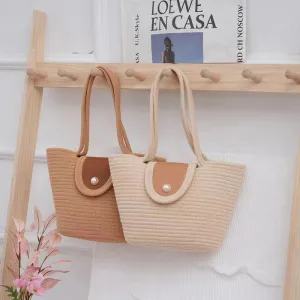 STOREXQ New Woven Tote Handbag Strap Simple Large Capacity Underarm Bag Cotton Handmade Shoulder Beach Bag Bucket Bag