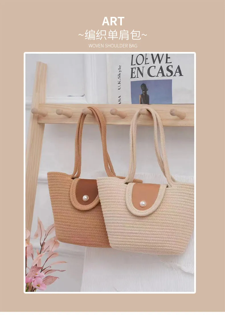 STOREXQ New Woven Tote Handbag Strap Simple Large Capacity Underarm Bag Cotton Handmade Shoulder Beach Bag Bucket Bag