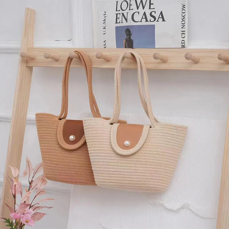 STOREXQ New Woven Tote Handbag Strap Simple Large Capacity Underarm Bag Cotton Handmade Shoulder Beach Bag Bucket Bag