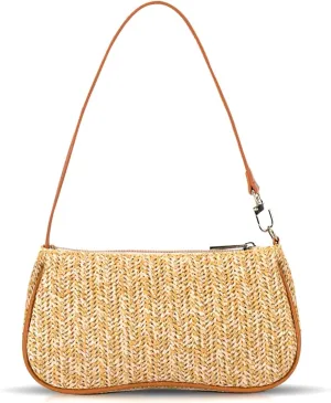 Straw Bag, Beach Bag, Hand-Woven Soft Handbag Underarm Bag, Bohemian Summer Bag Suitable for Vacation Travel Daily(Khaki)
