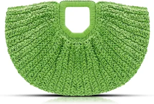 Straw Bag, Beach Bags for Women, Semi-Circular Woven Beach Hand Bag Handmade Rattan Handbag for Vacation Travel Daily (Green)