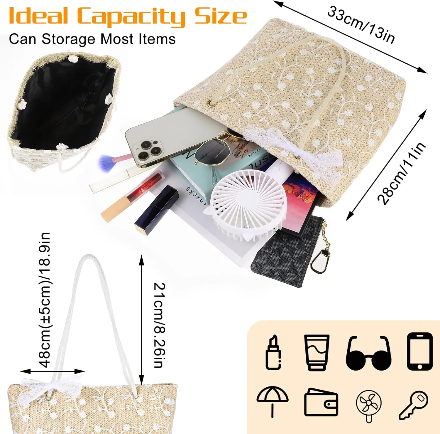 Straw Bag for Women, Summer Beach Vacation Printed Lace Woven Handbag with Magnetic Buckle Tote Shoulder Bag