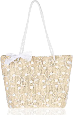 Straw Bag for Women, Summer Beach Vacation Printed Lace Woven Handbag with Magnetic Buckle Tote Shoulder Bag