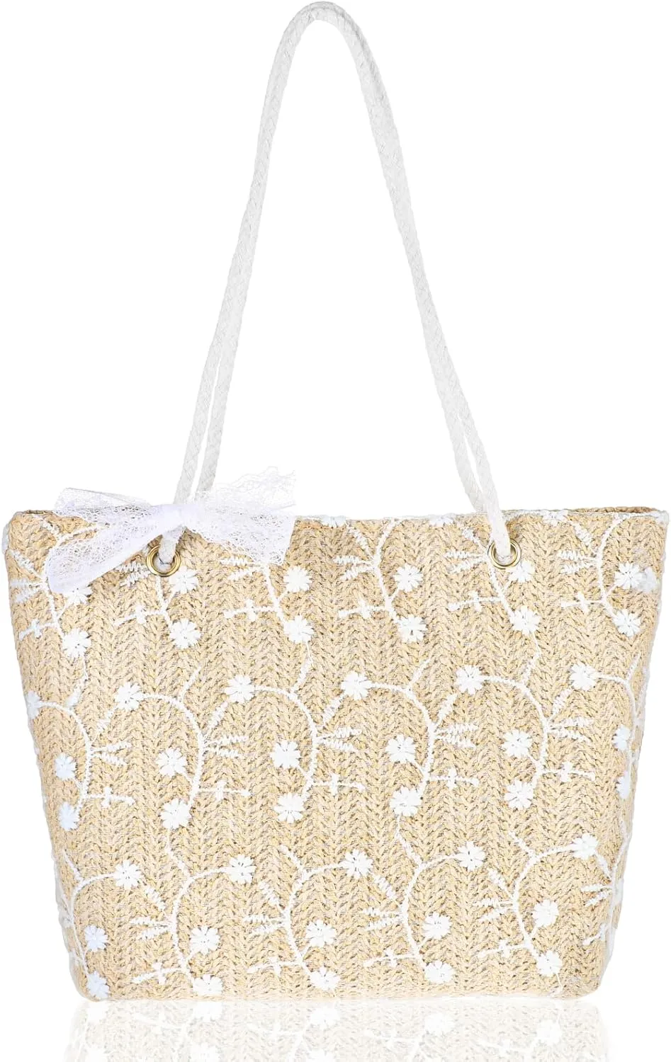 Straw Bag for Women, Summer Beach Vacation Printed Lace Woven Handbag with Magnetic Buckle Tote Shoulder Bag
