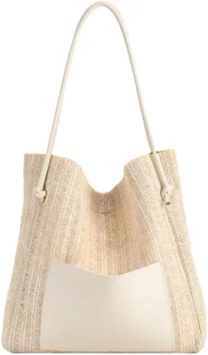 Straw Bag for Women Summer Shoulder Bag Beach Tote Straw Purse Vacation Purse for Travel Swim Shopping (White-2)