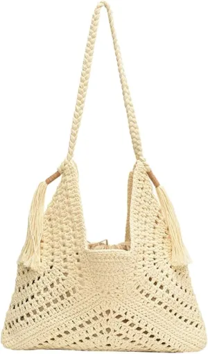 Straw Bags for Women Large Capacity Woven Beach Purse Tote Bag Summer Crochet Shoulder Bag with Tassel Boho Travel Purse