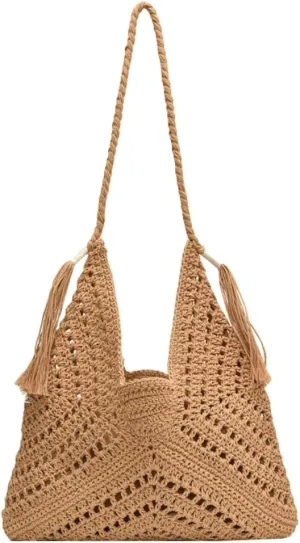 Straw Bags for Women Large Capacity Woven Beach Purse Tote Bag Summer Crochet Shoulder Bag with Tassel Boho Travel Purse