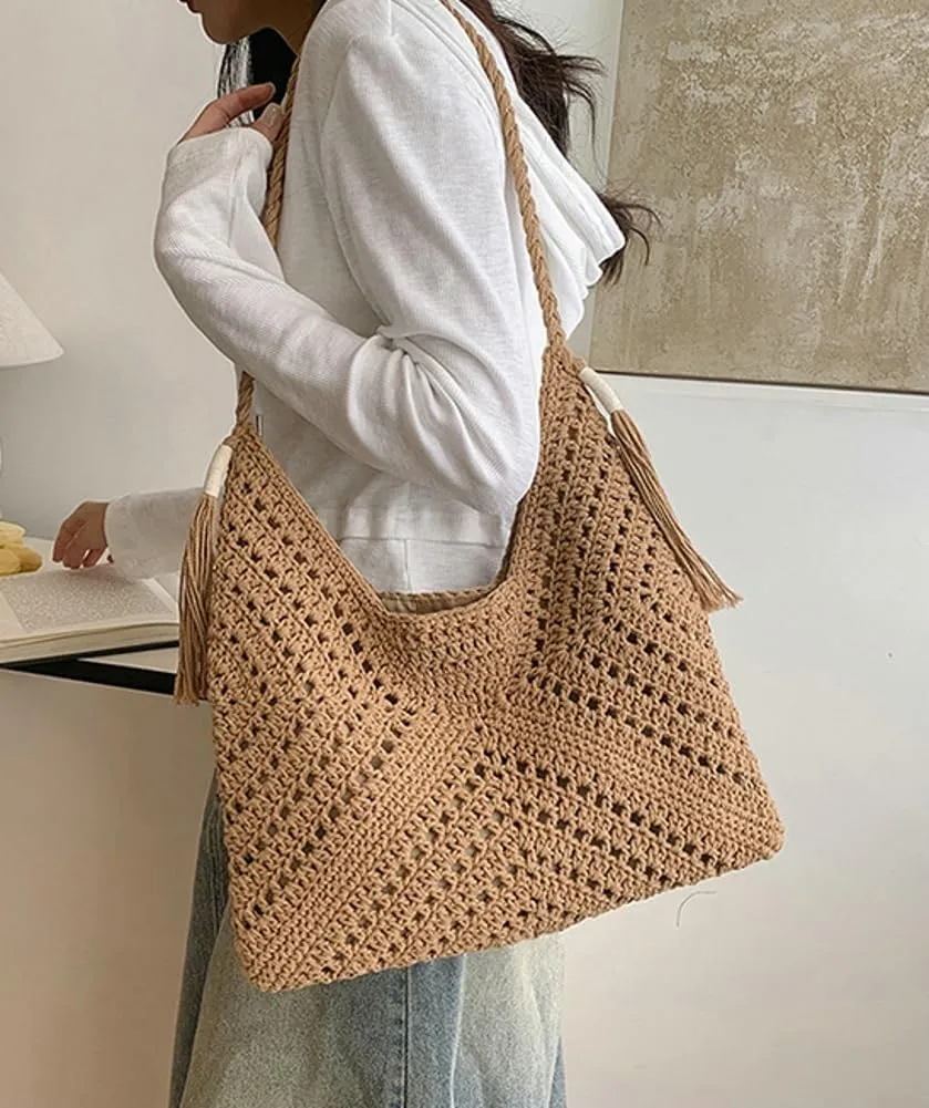 Straw Bags for Women Large Capacity Woven Beach Purse Tote Bag Summer Crochet Shoulder Bag with Tassel Boho Travel Purse