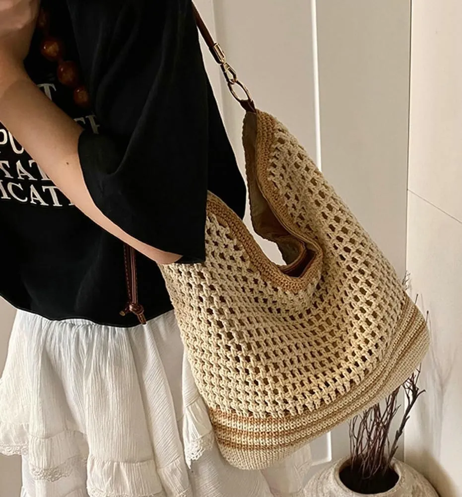 Straw Beach Bag Boho Woven Shoulder Handbag for Women Summer Beach Tote Purse Straw Hobo Bag Crossbody Purse Woven Satchel