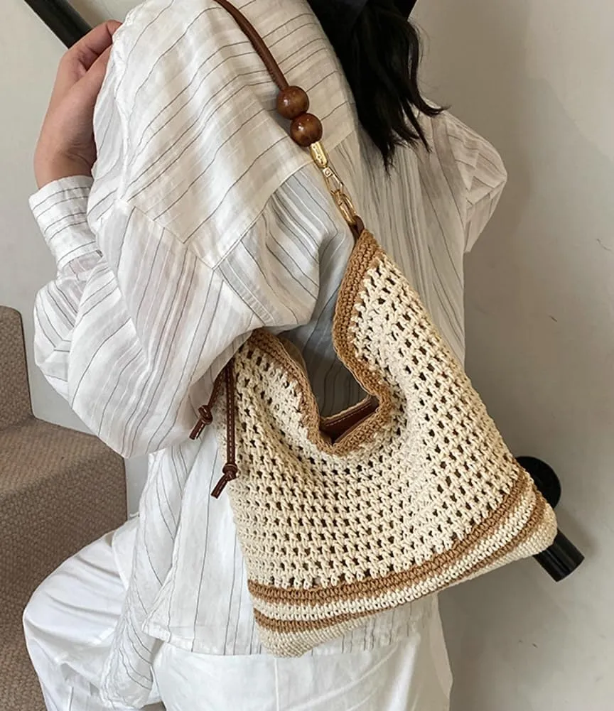 Straw Beach Bag Boho Woven Shoulder Handbag for Women Summer Beach Tote Purse Straw Hobo Bag Crossbody Purse Woven Satchel