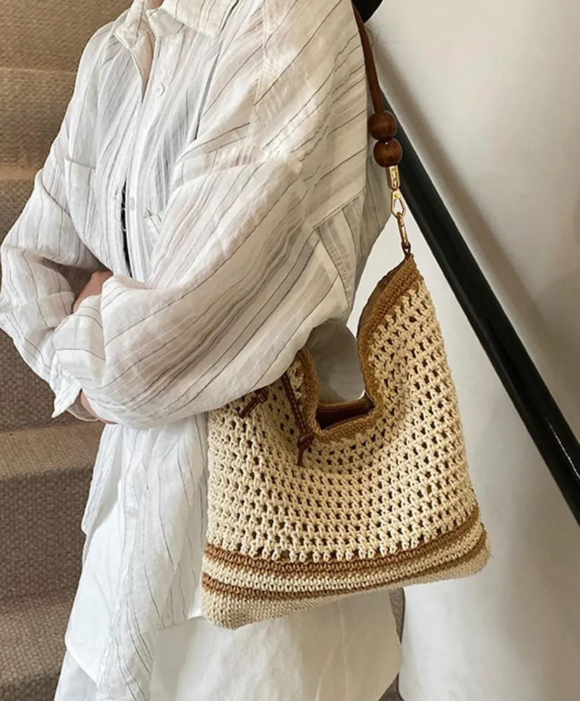 Straw Beach Bag Boho Woven Shoulder Handbag for Women Summer Beach Tote Purse Straw Hobo Bag Crossbody Purse Woven Satchel