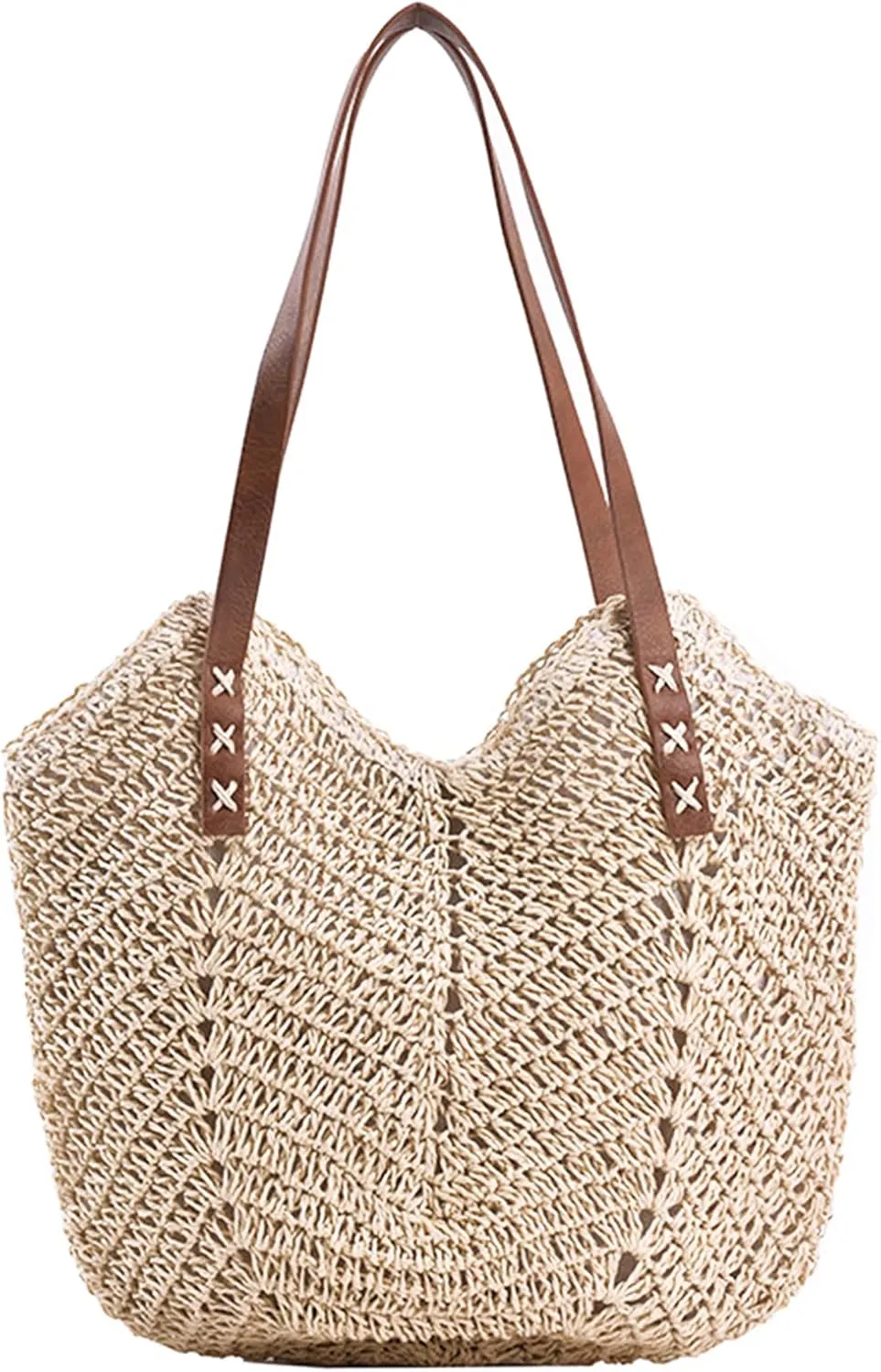 Straw Beach Bags for Women Summer Beach Tote Bag With Zipper Large Soft Woven Straw Shoulder Summer Vacation Purse