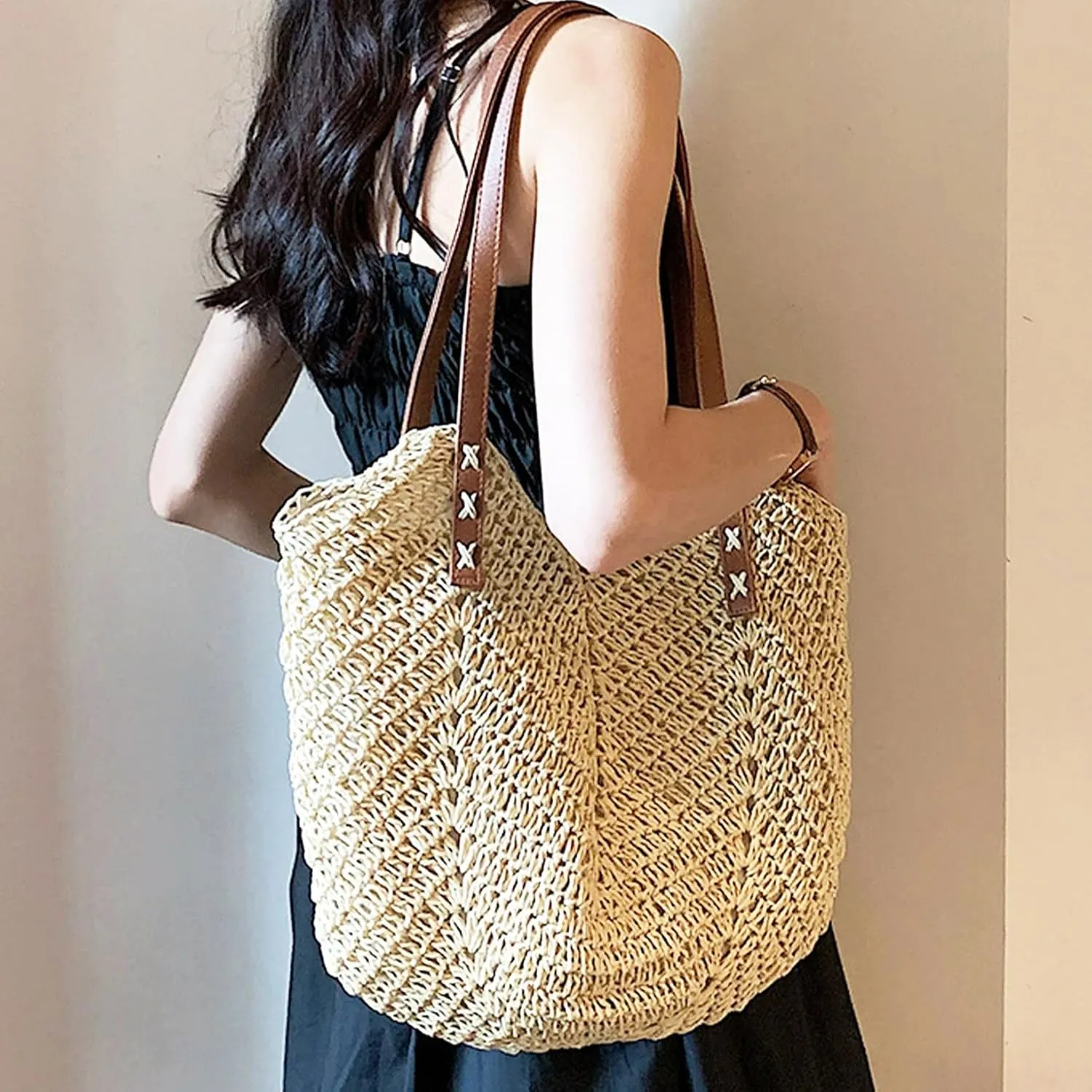 Straw Beach Bags for Women Summer Beach Tote Bag With Zipper Large Soft Woven Straw Shoulder Summer Vacation Purse