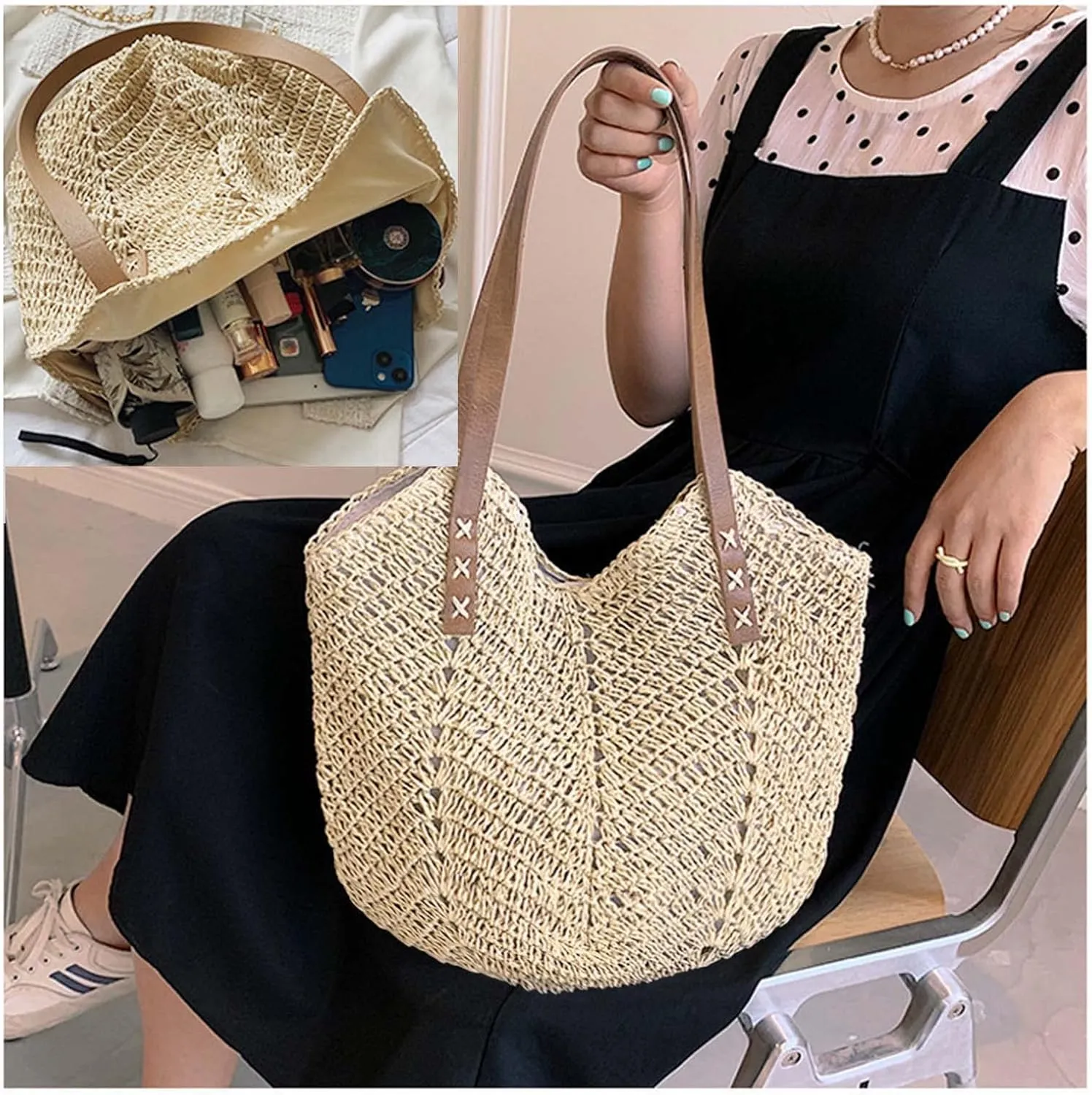 Straw Beach Bags for Women Summer Beach Tote Bag With Zipper Large Soft Woven Straw Shoulder Summer Vacation Purse