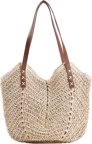 Straw Beach Bags for Women Summer Beach Tote Bag With Zipper Large Soft Woven Straw Shoulder Summer Vacation Purse