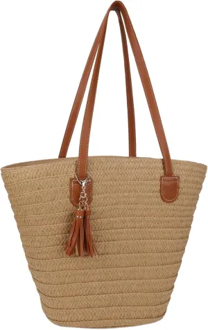 Straw Beach Bags for Women Summer Beach Tote Bag Woven Shoulder Handbag Purse with Tassel (Brown-Style-1)