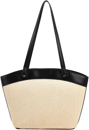 Straw Beach Tote for Women - French Retro Shoulder Bag, Summer Woven Tote, Travel Bag