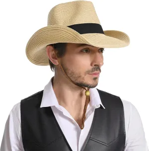 Straw Cowboy Hat for Men Women Western Cowgirl Hats with Shapeable Wide Brim for Beach Sun Summer
