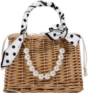 Straw Handbag Woven Tote Bag Women's Pearl Mini Basket Handbag Travel Purse for Wedding Daily Vacation Everyday Use