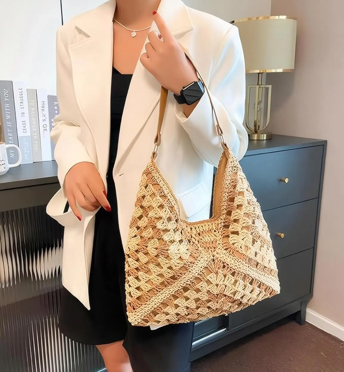 Straw Woven Hobo Bags for Women - Beach Travel Daily Use Shoulder Bag Handmade Tote Bag