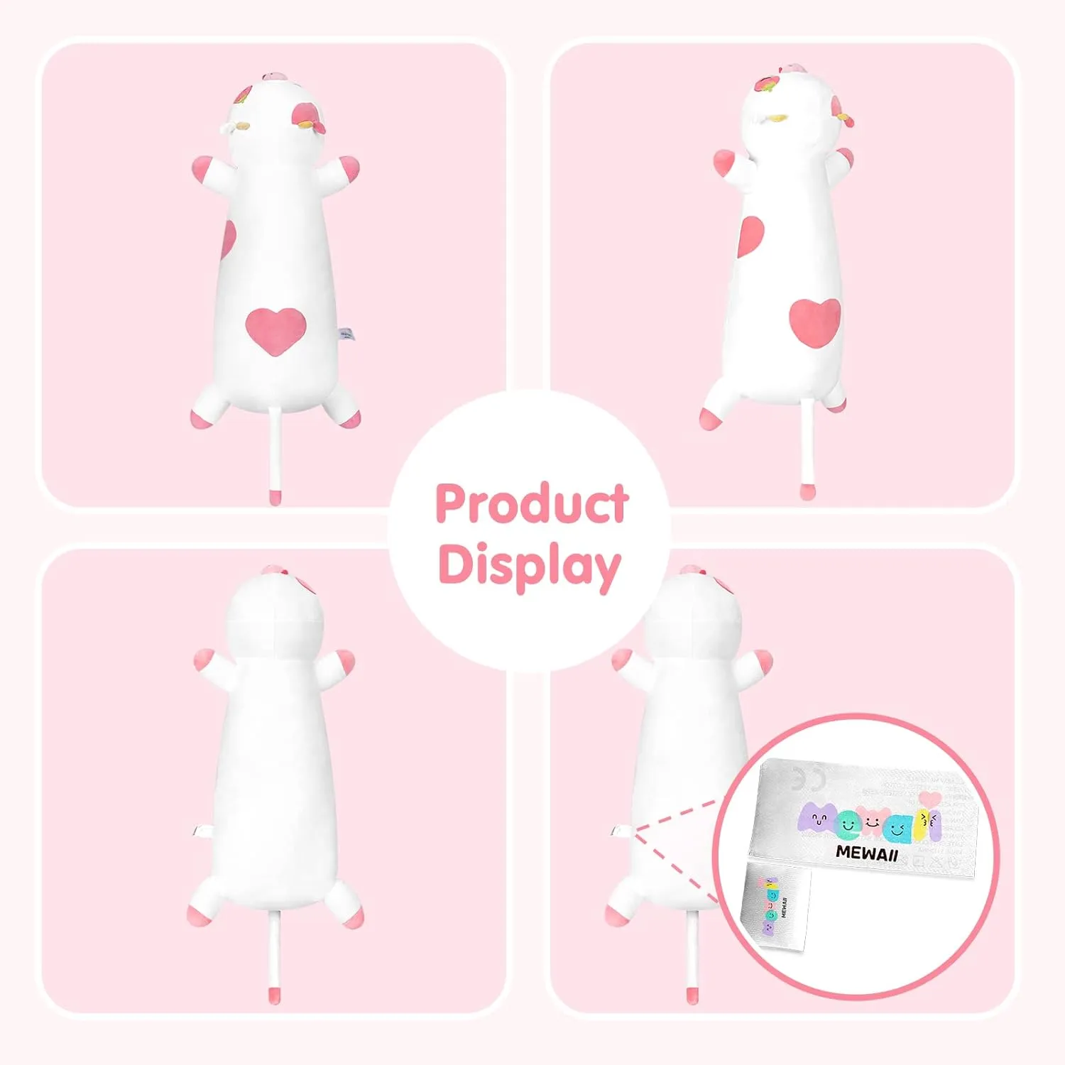 Strawberry Cow Plush Body Pillow, 35" Kawaii Cow Stuffed Animals Squishy Pillow, Cute Plushies Cuddle Pillow for Kids, Long Plush Cow Pillow Toys, Birthday Gifts for Women, Girls and Males