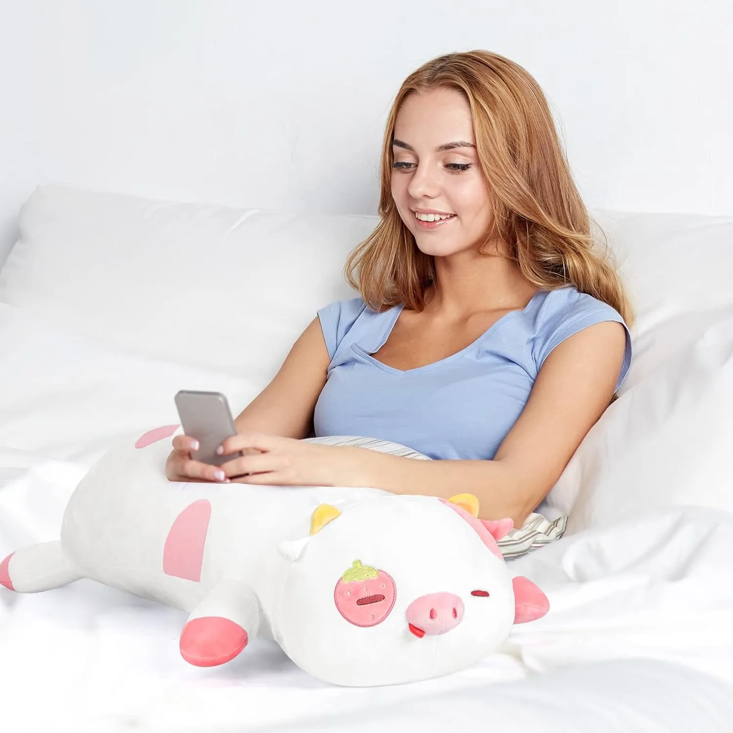 Strawberry Cow Plush Body Pillow, 35" Kawaii Cow Stuffed Animals Squishy Pillow, Cute Plushies Cuddle Pillow for Kids, Long Plush Cow Pillow Toys, Birthday Gifts for Women, Girls and Males